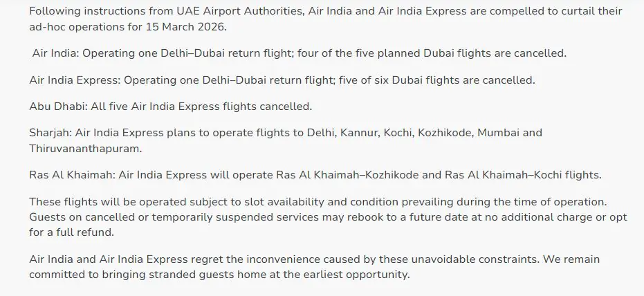 travel UAE Dubai Air India Flight cancelled