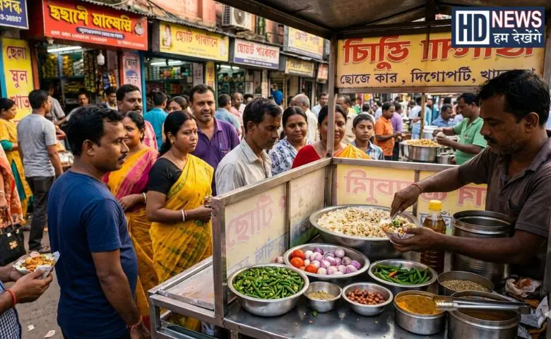 **Jhalmuri** is a popular street snack from eastern India, especially associated with Kolkata. It is made by mixing puffed rice with mustard oil, chopped onions, green chilies, spices, peanuts, and sometimes tamarind chutney. The result is a light, crunchy, spicy, and tangy snack often sold by street vendors and enjoyed as a quick bite.