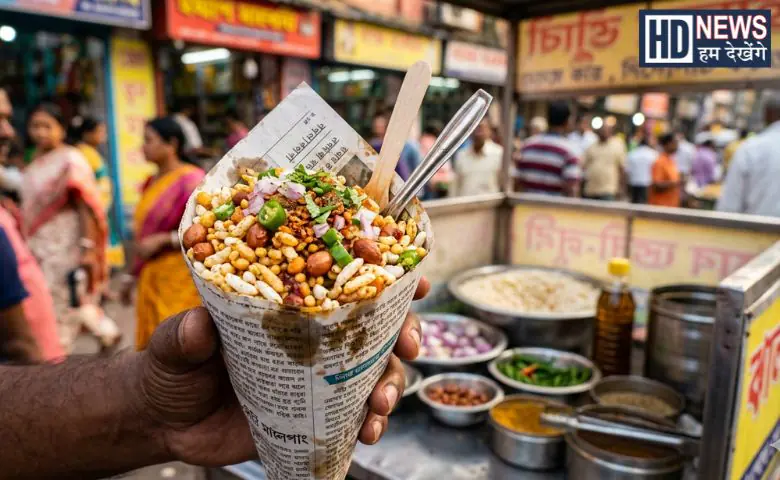 **Jhalmuri** is a popular street snack from eastern India, especially associated with Kolkata. It is made by mixing puffed rice with mustard oil, chopped onions, green chilies, spices, peanuts, and sometimes tamarind chutney. The result is a light, crunchy, spicy, and tangy snack often sold by street vendors and enjoyed as a quick bite.