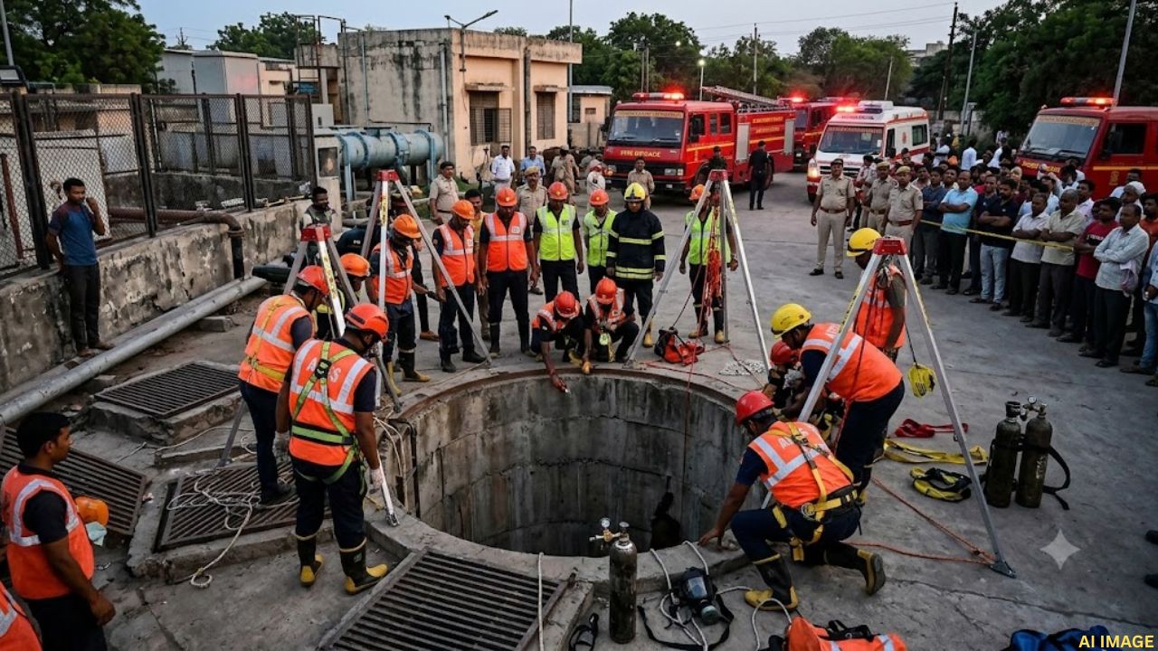 Major incident in Sola, Ahmedabad! Workers fall into an AMC drainage station; rescue operations underway.